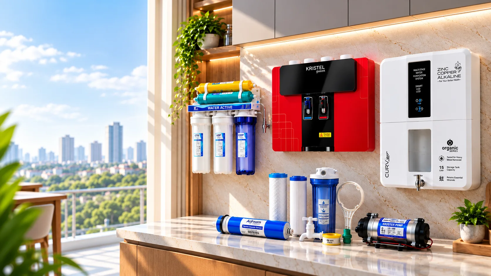 Water purifiers and RO filtration components displayed in a modern kitchen – Marwa Water Care, Dhaka